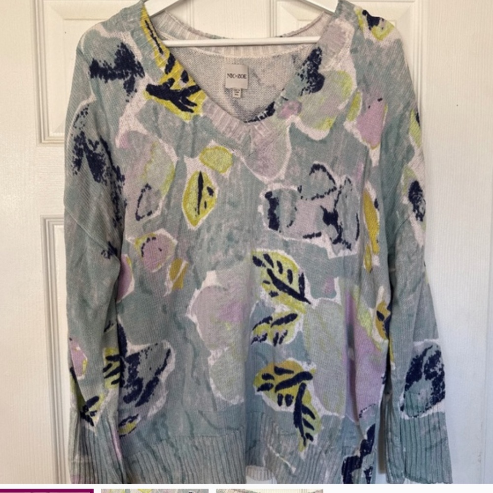 NIC+ZOE Pastel Floral V-Neck Sweater in Aqua, Yellow, Navy - Picture 5 of 5